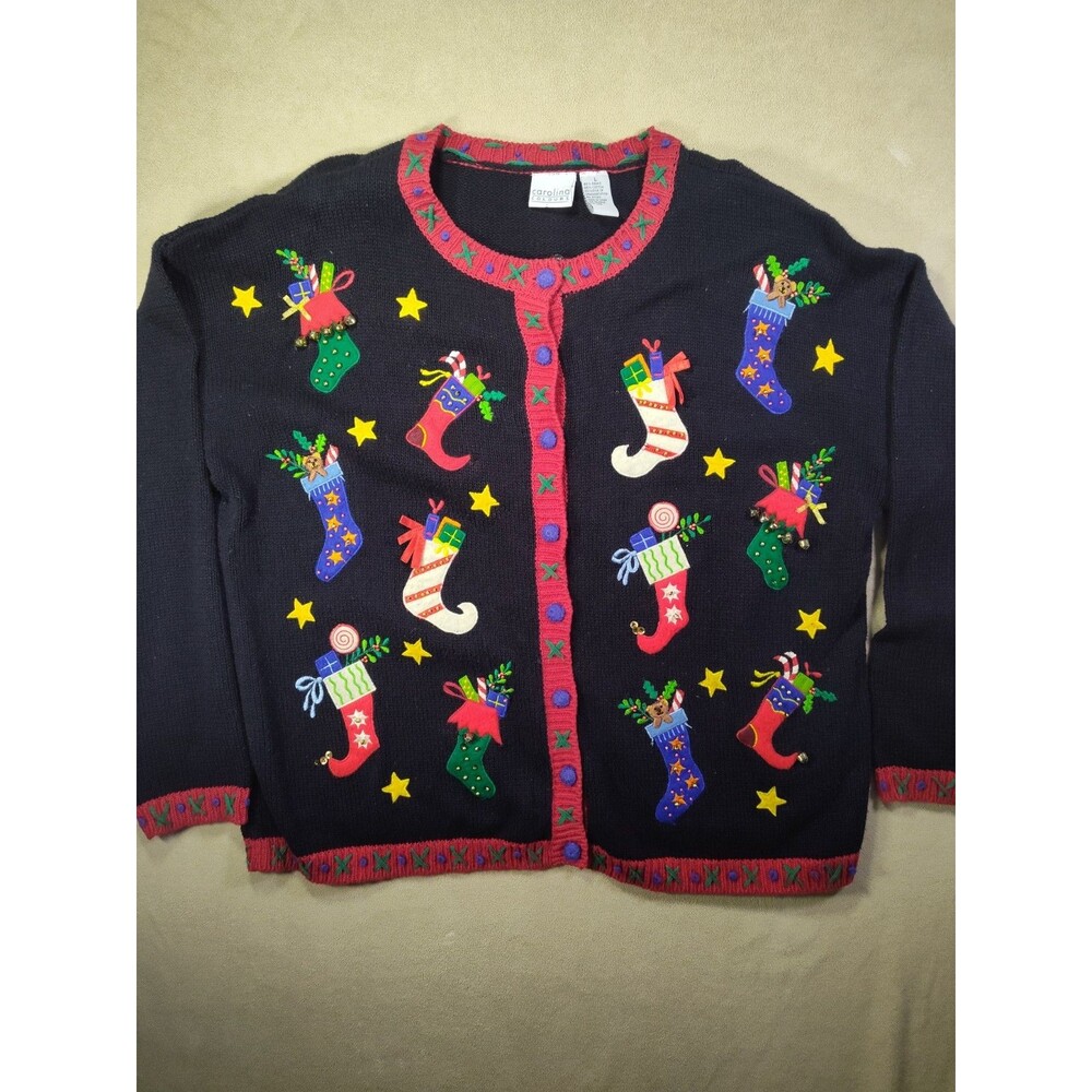 Vintage 90s Carolina Colours Christmas Stocking Cardigan Sweater Large Black